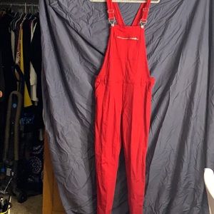 Red denim overalls